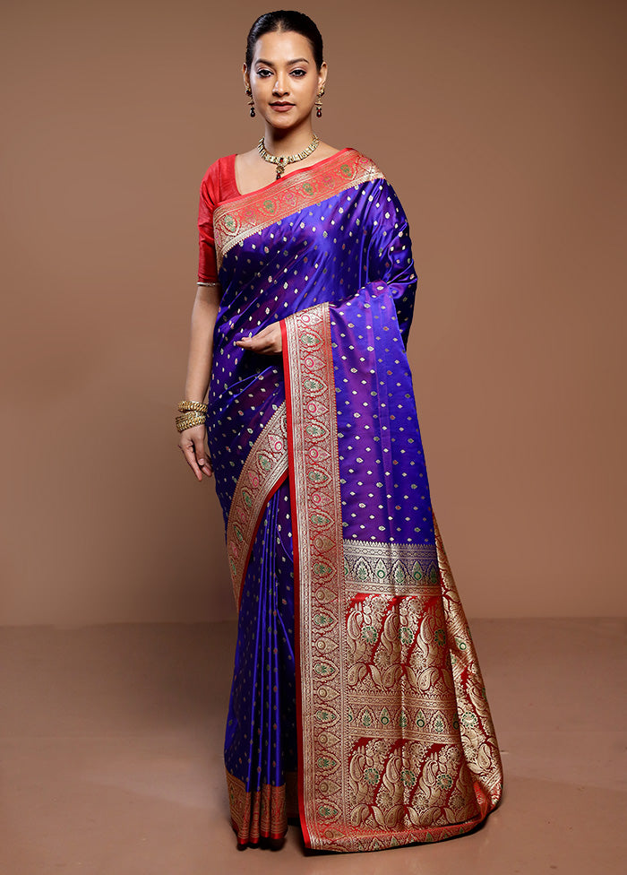 Blue Handloom Banarasi Pure Silk Saree With Blouse Piece