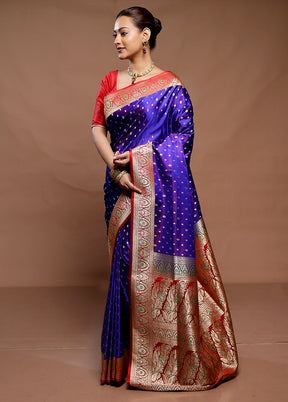 Blue Handloom Banarasi Pure Silk Saree With Blouse Piece