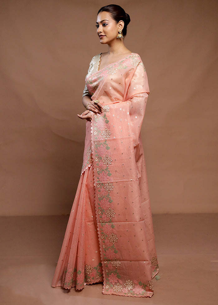 Peach Pure Kota Cotton Saree With Blouse Piece