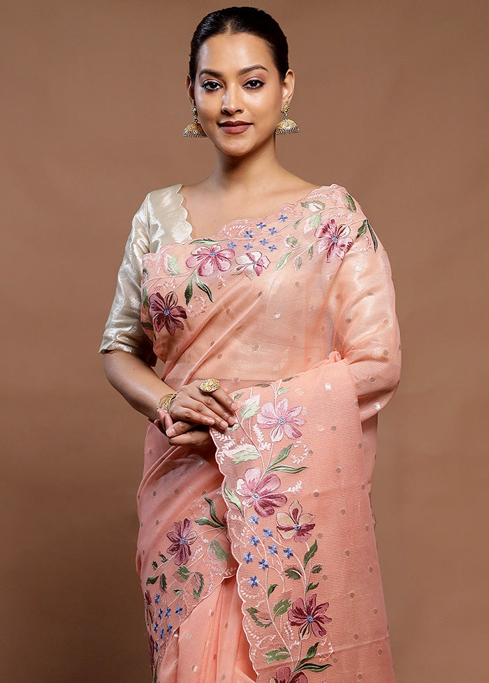 Peach Pure Kota Cotton Saree With Blouse Piece