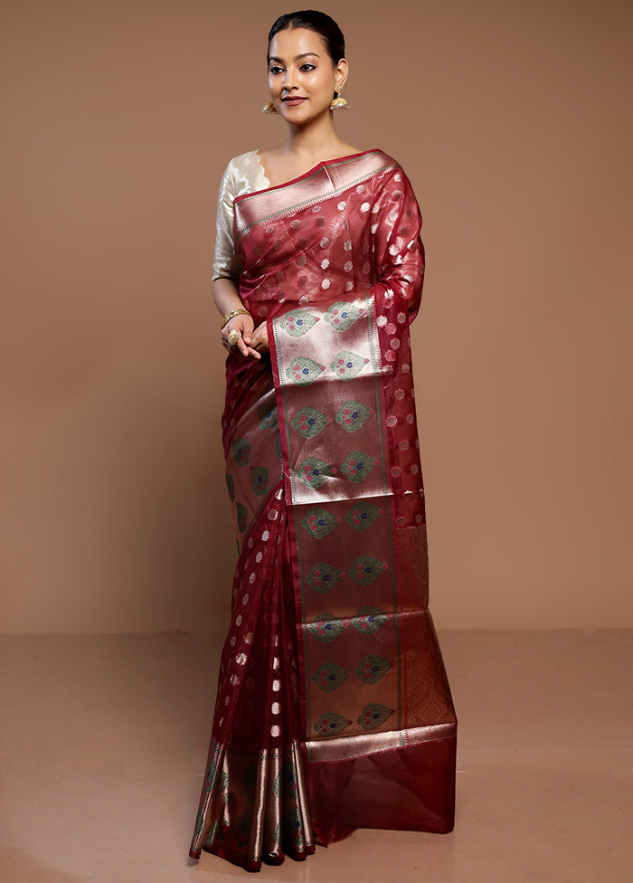 Maroon Organza Saree With Blouse Piece