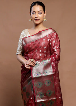 Maroon Organza Saree With Blouse Piece