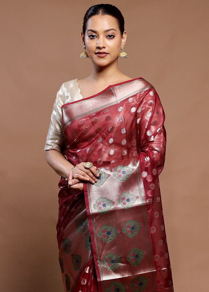 Maroon Organza Saree With Blouse Piece