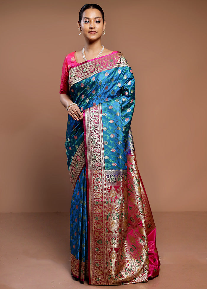 Blue Handloom Tanchoi Pure Silk Saree With Blouse Piece