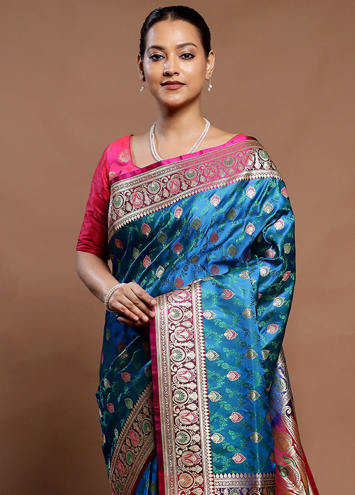 Blue Handloom Tanchoi Pure Silk Saree With Blouse Piece