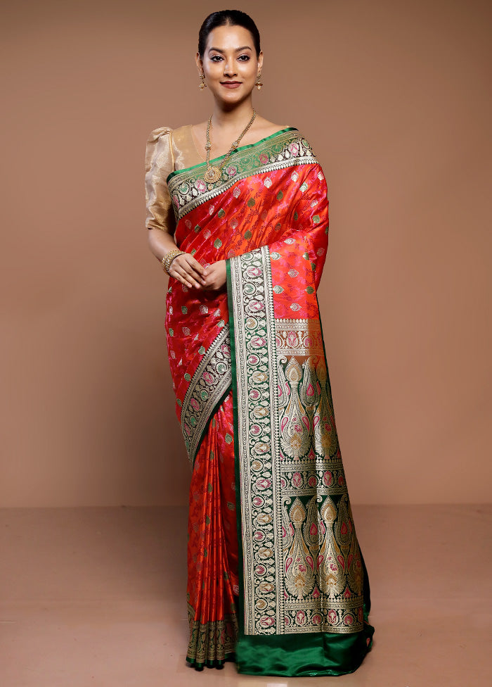 Orange Handloom Tanchoi Pure Silk Saree With Blouse Piece