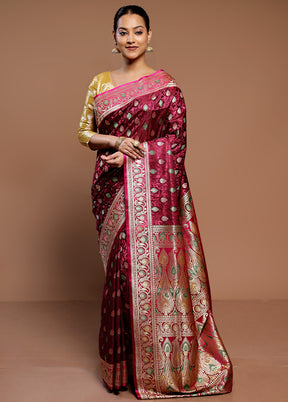 Wine Handloom Tanchoi Pure Silk Saree With Blouse Piece