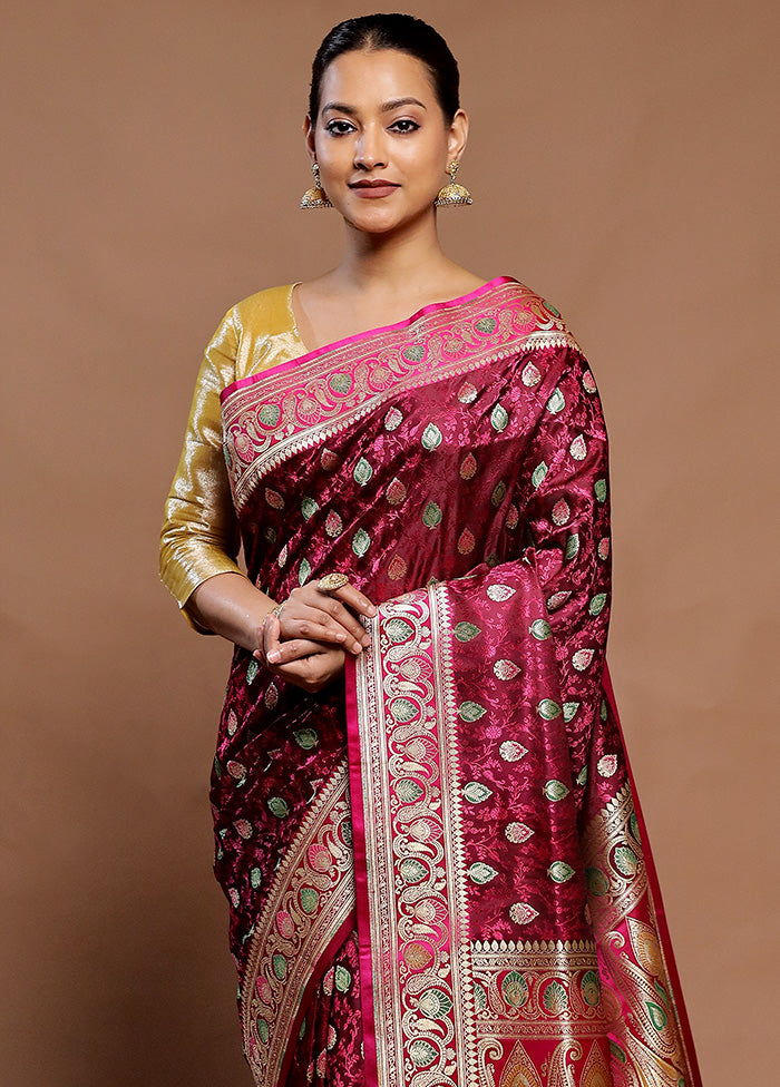 Wine Handloom Tanchoi Pure Silk Saree With Blouse Piece