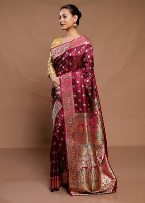 Wine Handloom Tanchoi Pure Silk Saree With Blouse Piece