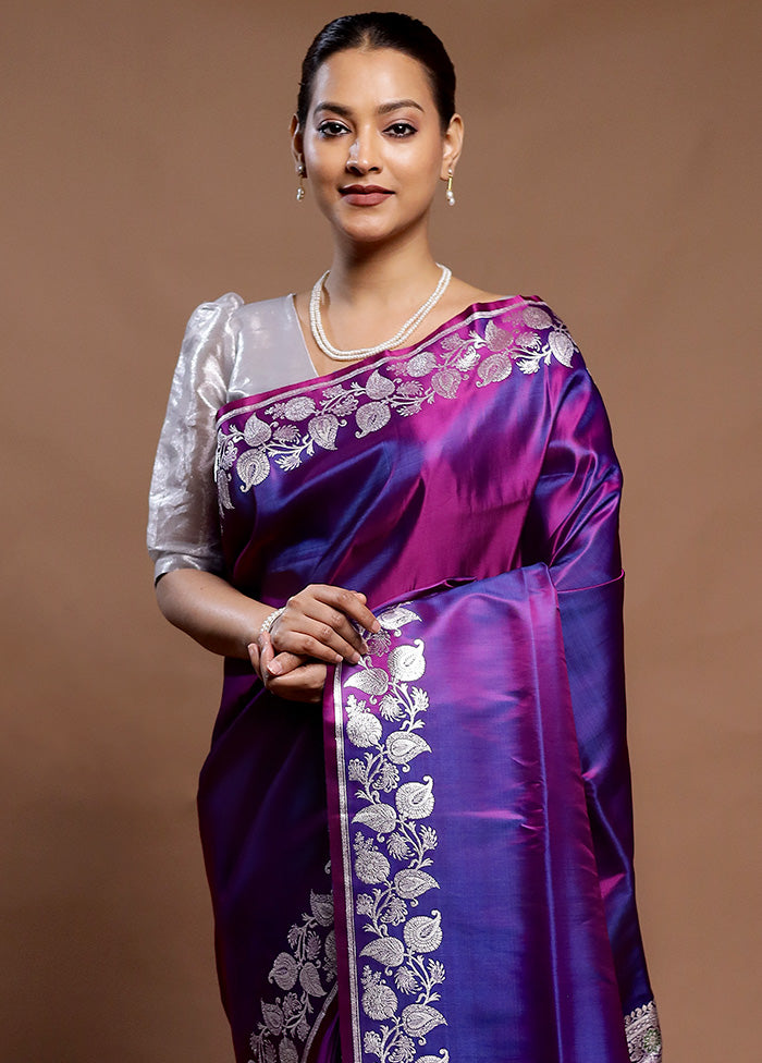 Purple Handloom Banarasi Pure Silk Saree With Blouse Piece