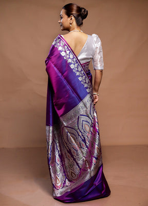 Purple Handloom Banarasi Pure Silk Saree With Blouse Piece