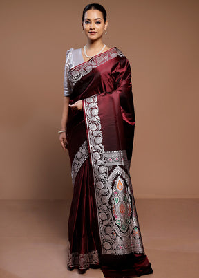 Maroon Handloom Banarasi Pure Silk Saree With Blouse Piece