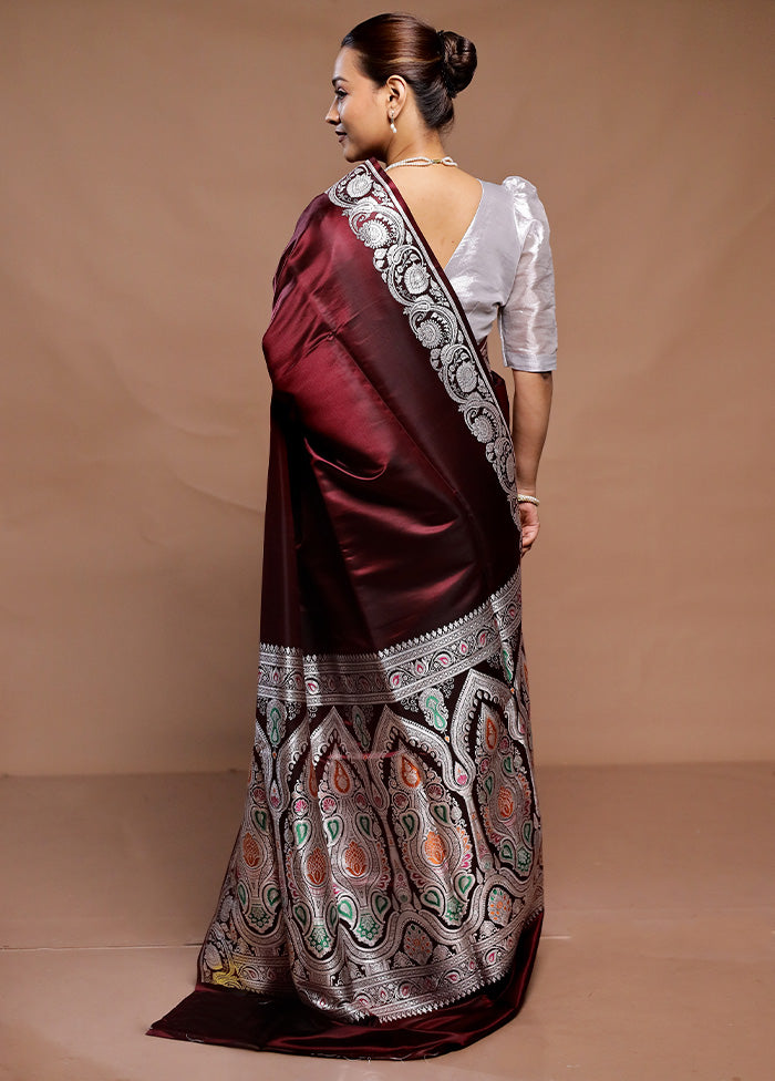 Maroon Handloom Banarasi Pure Silk Saree With Blouse Piece