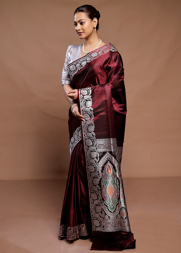 Maroon Handloom Banarasi Pure Silk Saree With Blouse Piece