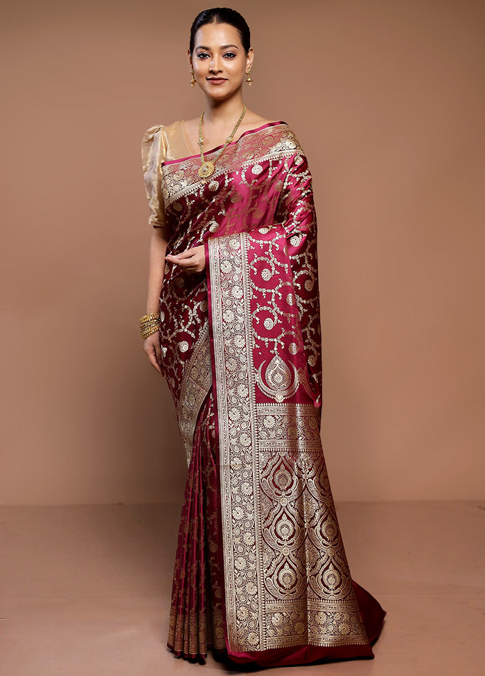 Wine Banarasi Silk Saree With Blouse Piece