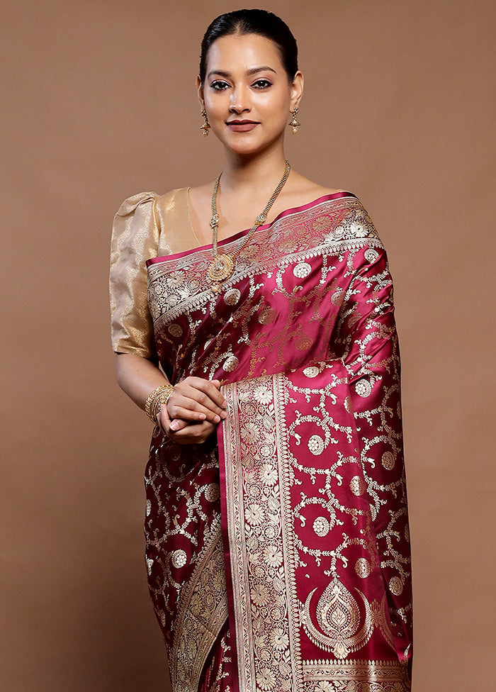 Wine Banarasi Silk Saree With Blouse Piece