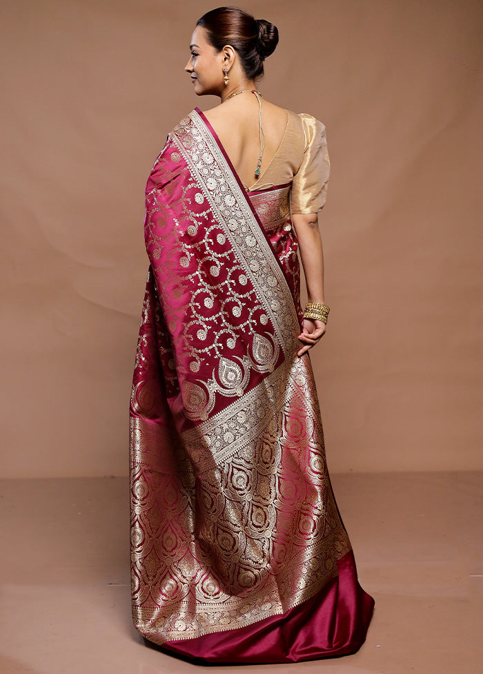 Wine Banarasi Silk Saree With Blouse Piece