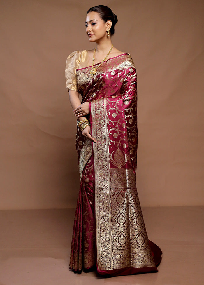 Wine Banarasi Silk Saree With Blouse Piece