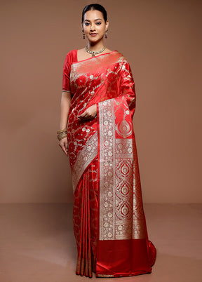 Red Banarasi Silk Saree With Blouse Piece