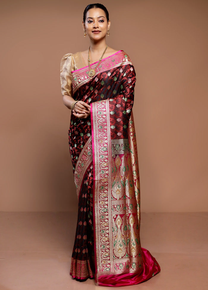 Wine Handloom Tanchoi Pure Silk Saree With Blouse Piece