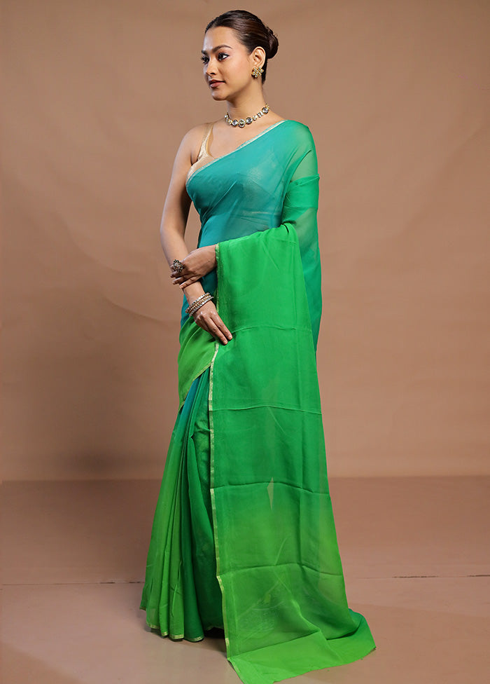 Green Handloom Chiffon Pure Silk Saree With Blouse Piece