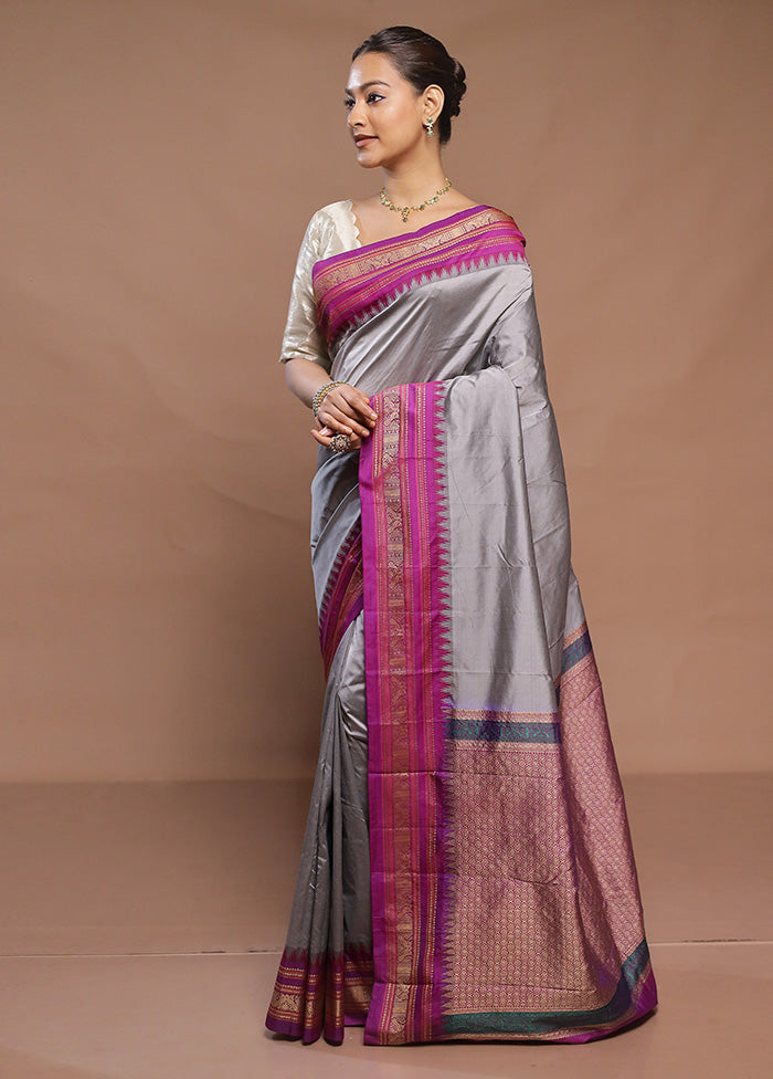 Grey Kanjivaram Silk Saree With Blouse Piece