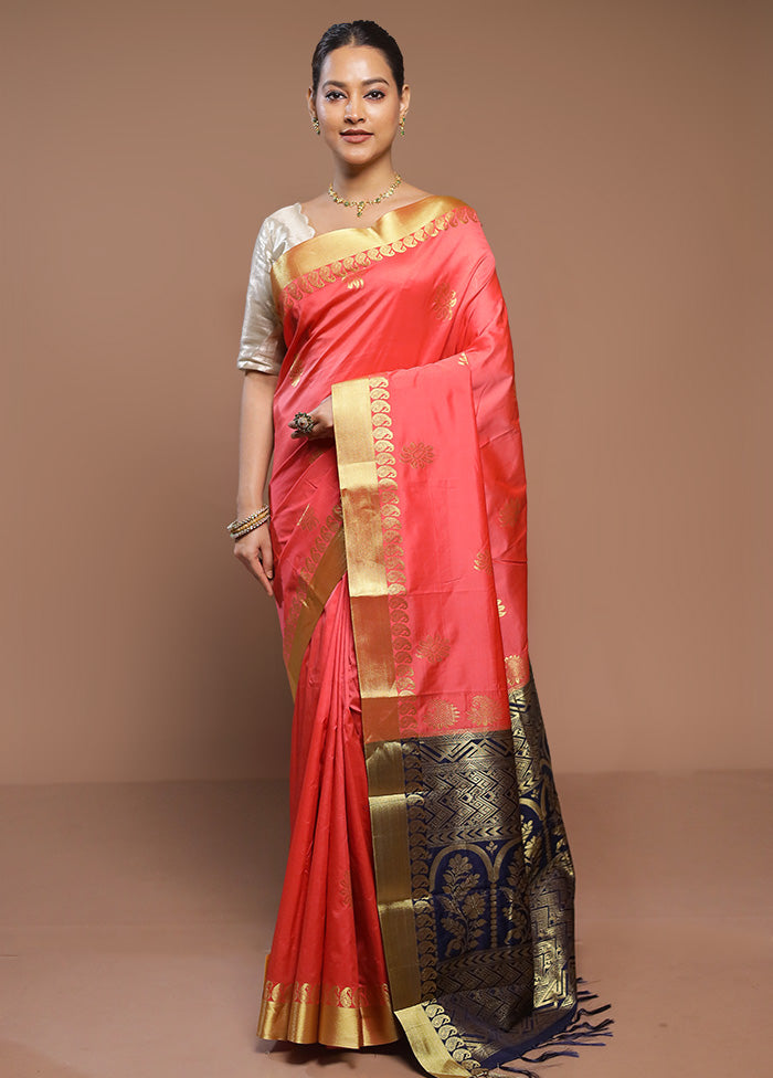 Peach Kanjivaram Silk Saree With Blouse Piece