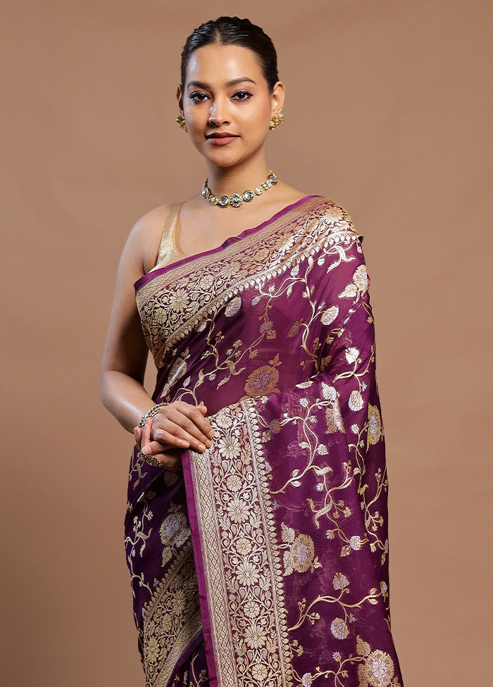 Purple Handloom Pure Georgette Saree With Blouse Piece