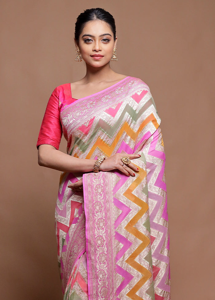 Multicolor Handloom Pure Georgette Saree With Blouse Piece