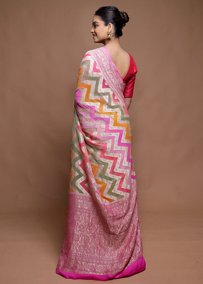 Multicolor Handloom Pure Georgette Saree With Blouse Piece