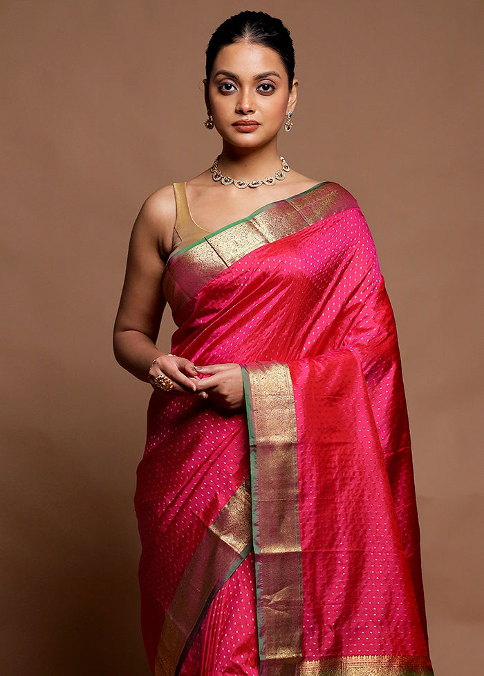 Pink Handloom Kanchipuram Pure Silk Saree With Blouse Piece