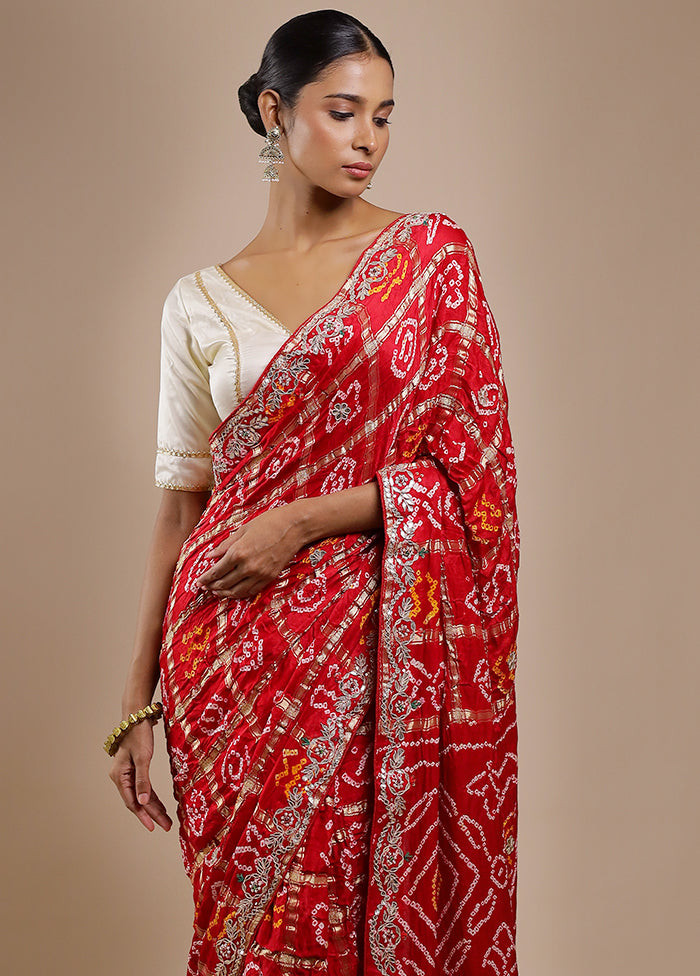 Red Bandhej Pure Silk Saree Without Blouse Piece