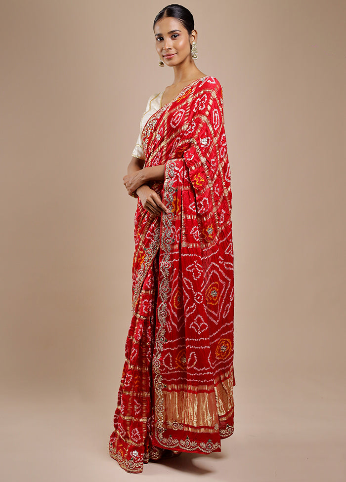 Red Bandhej Pure Silk Saree Without Blouse Piece