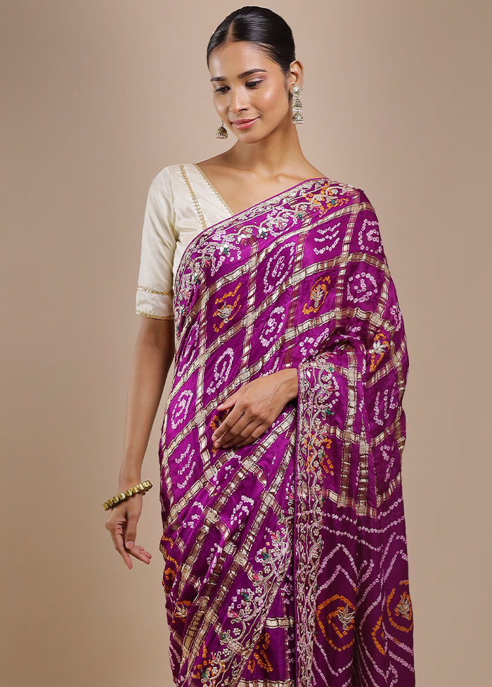 Purple Bandhej Pure Silk Saree Without Blouse Piece