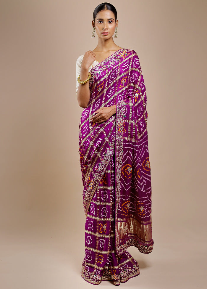 Purple Bandhej Pure Silk Saree Without Blouse Piece