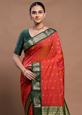 Rust Kanjivaram Silk Saree With Blouse Piece