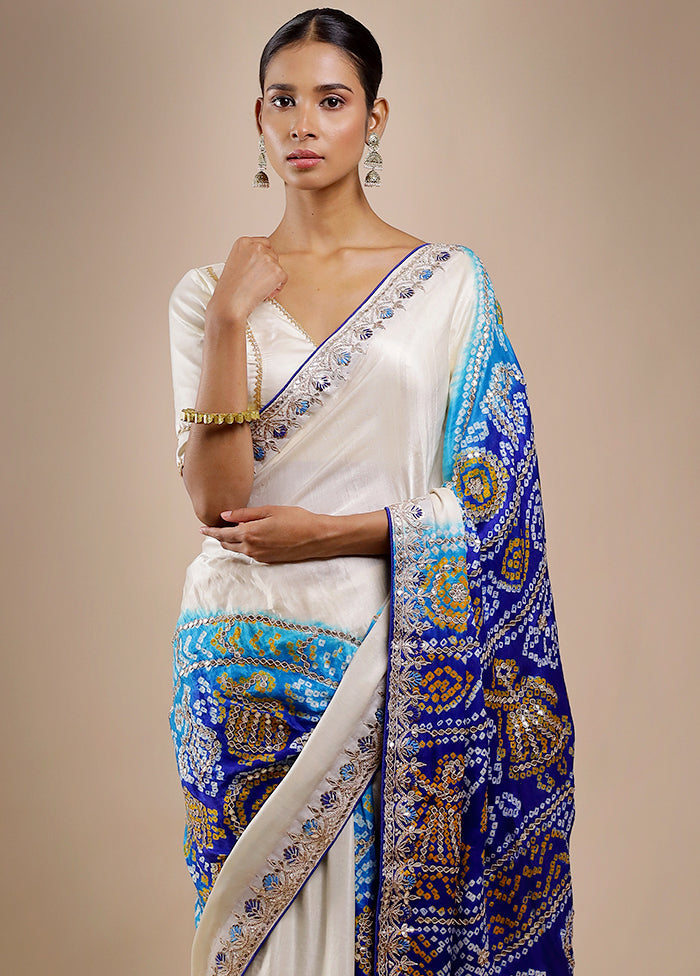 Blue Bandhej Pure Silk Saree Without Blouse Piece