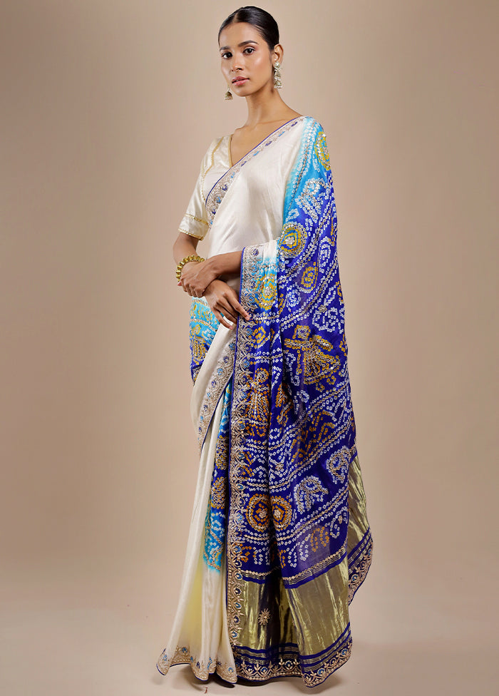 Blue Bandhej Pure Silk Saree Without Blouse Piece