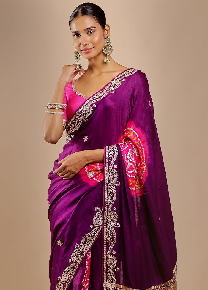 Purple Bandhej Pure Silk Saree Without Blouse Piece