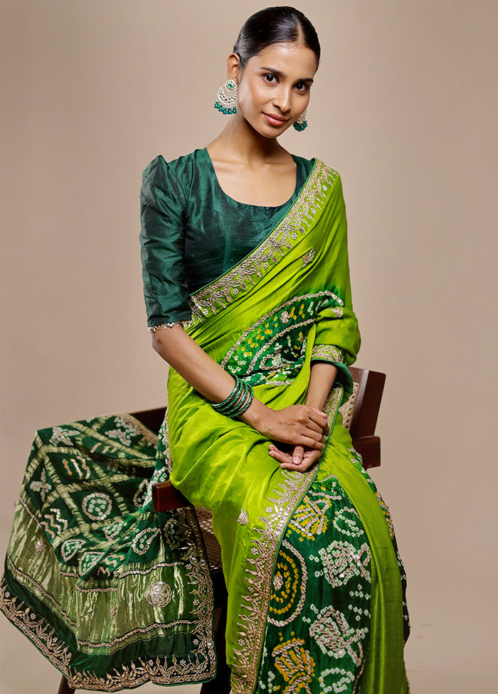 Green Bandhej Pure Silk Saree Without Blouse Piece