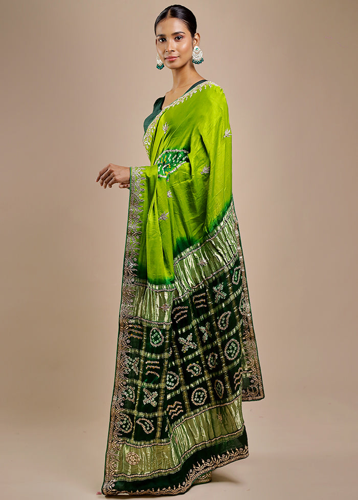 Green Bandhej Pure Silk Saree Without Blouse Piece