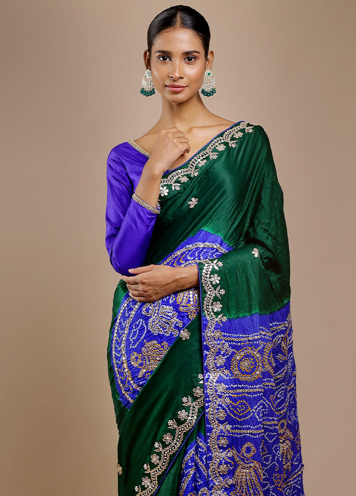 Blue Bandhej Pure Silk Saree Without Blouse Piece