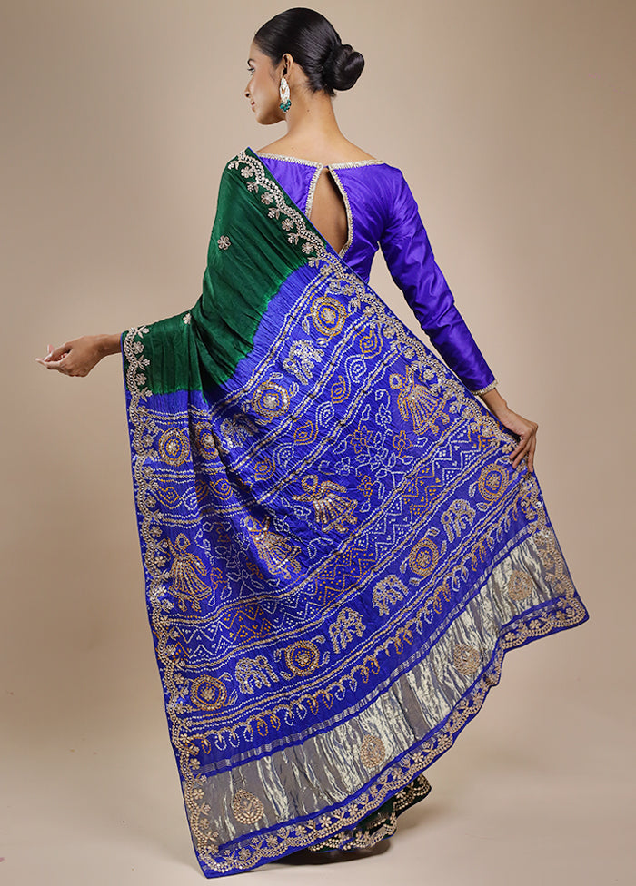 Blue Bandhej Pure Silk Saree Without Blouse Piece