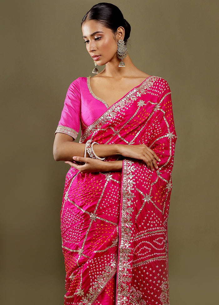 Pink Bandhej Pure Silk Saree Without Blouse Piece