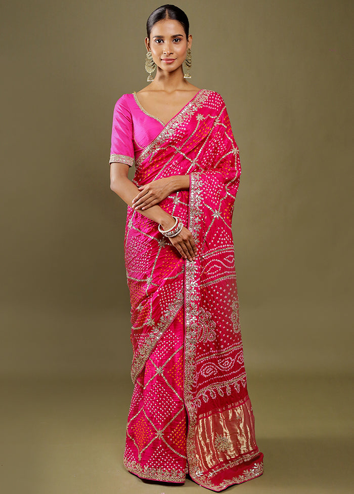 Pink Bandhej Pure Silk Saree Without Blouse Piece