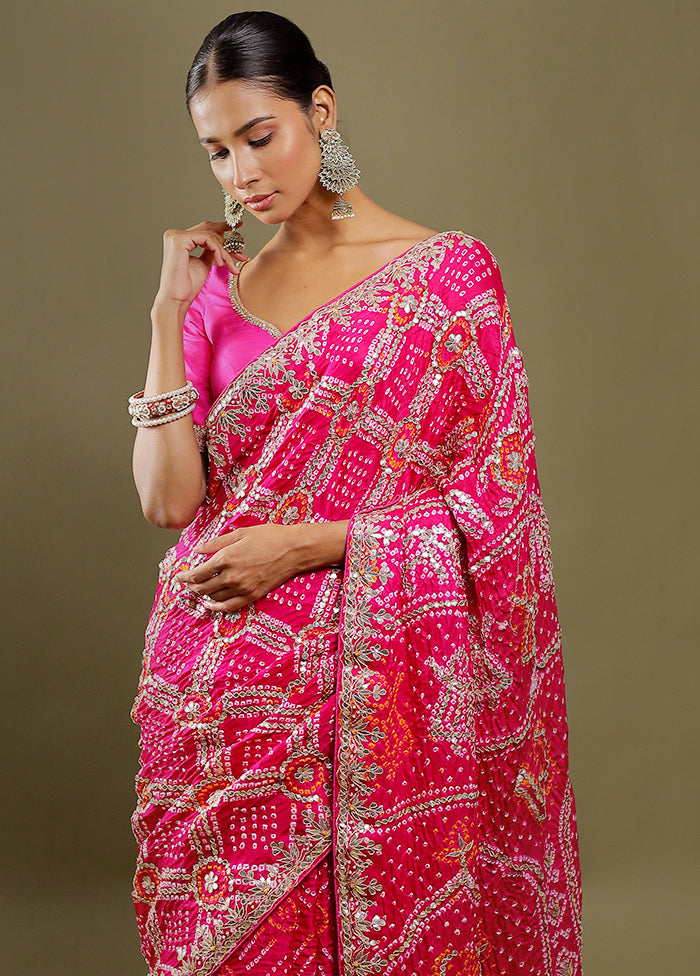 Pink Bandhej Pure Silk Saree Without Blouse Piece