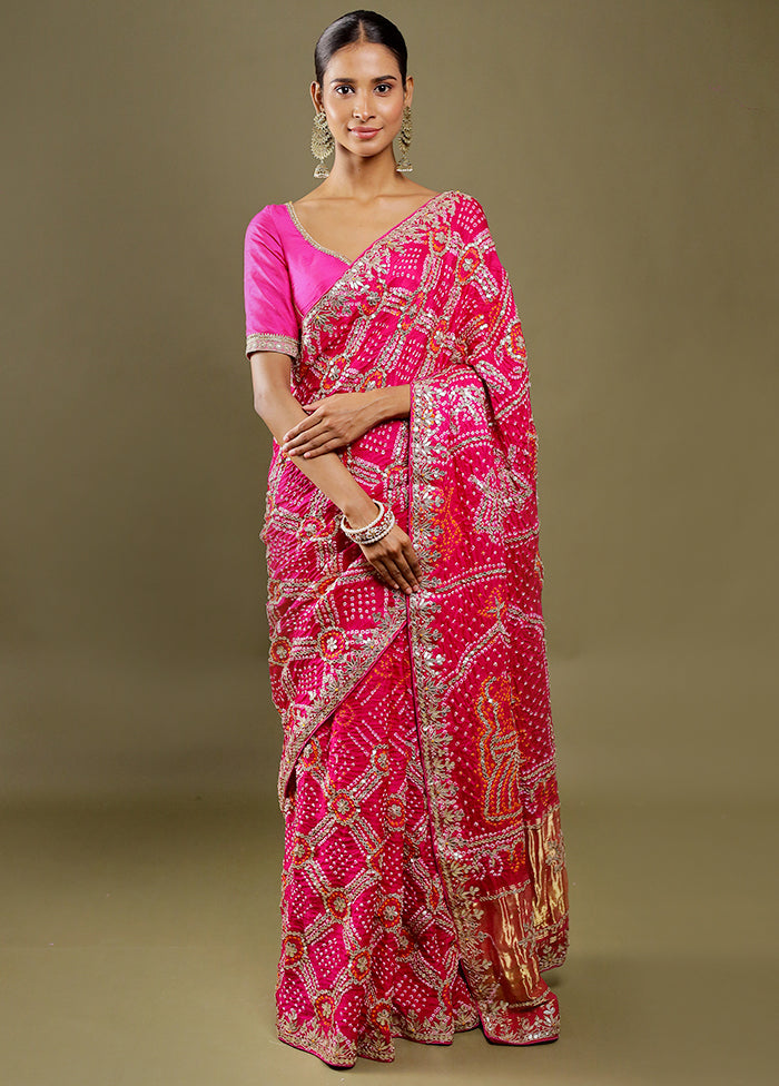 Pink Bandhej Pure Silk Saree Without Blouse Piece