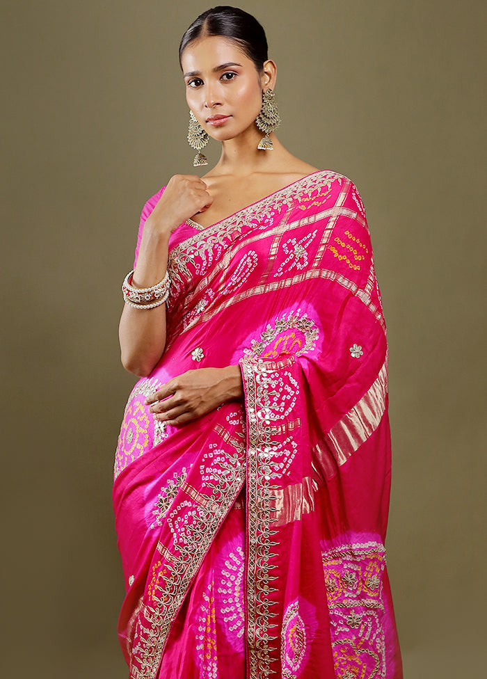 Pink Bandhej Pure Silk Saree Without Blouse Piece