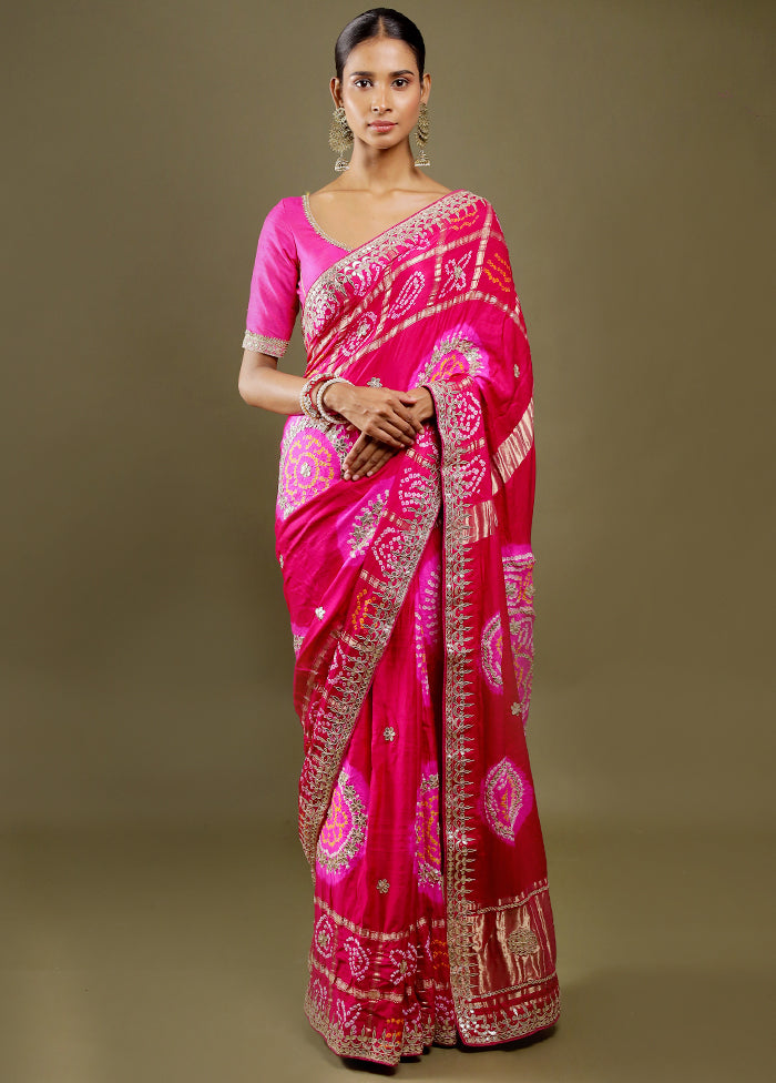 Pink Bandhej Pure Silk Saree Without Blouse Piece