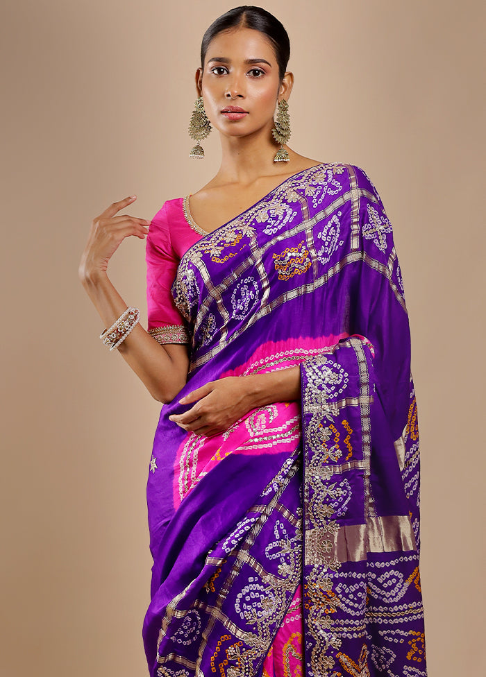 Blue Bandhej Pure Silk Saree Without Blouse Piece